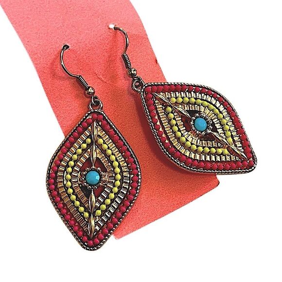 🌴 Colorful Beaded Diamond Shaped Drop Earrings Boho Statement Dangles - Picture 1 of 8